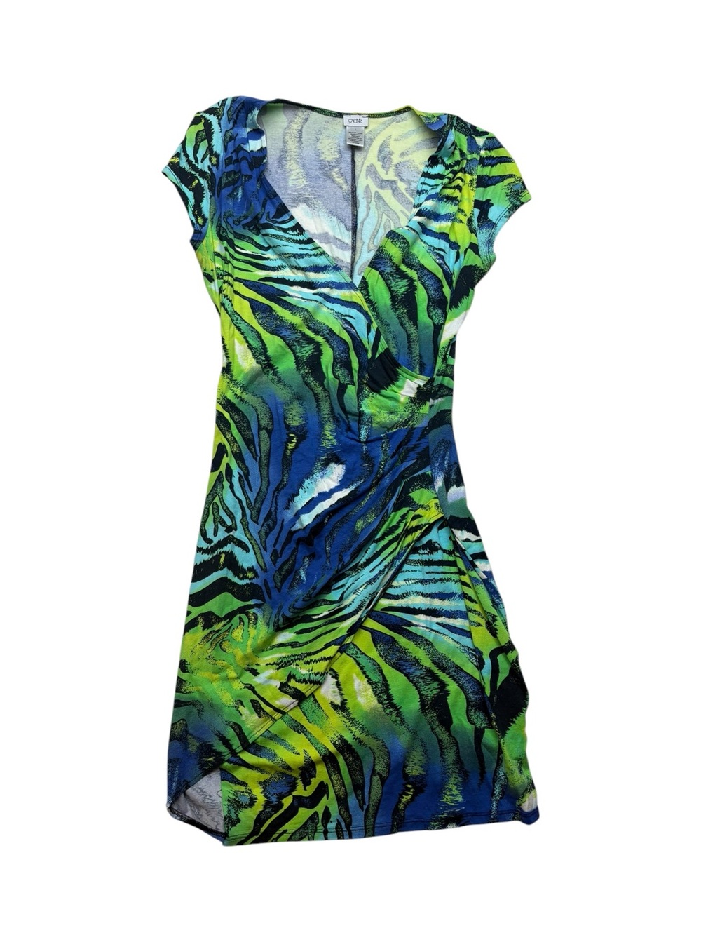 Cache size large faux wrap Vibrant Blue Lime Animal Print Wrap Dress 90s club pa